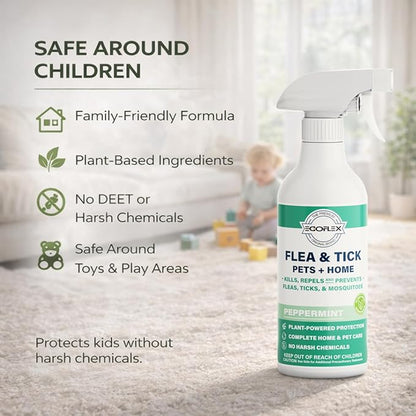 Flea Spray for Home & Pets - Flea and Tick Prevention for Dogs - Plant Based Repellent with Natural Essential Oils for Dog Flea Treatment Protection - Peppermint Scent - 16 Fl Oz