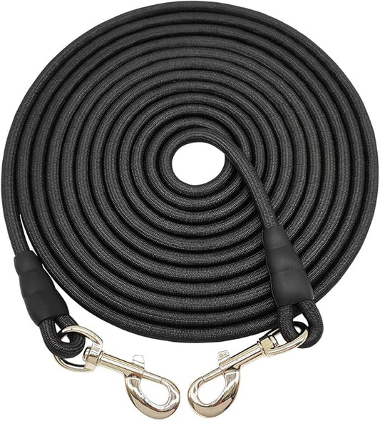 30FT Dog Tie Out Leash, Long Tether 8-10-13-15-20-25-35-40-50-65 FT Nylon Rope Check Cord for Medium Large Dogs Indoor/Outdoor Playing Camping Backyard (Black, 3/8")