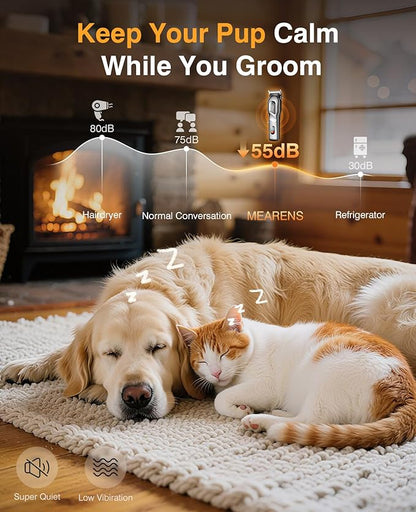 Dog Clippers for Grooming, Dog Grooming Kit for Heavy Thick Hair, Low Noise Cordless Pet Hair Trimmer with Stainless Steel Blade, Professional Rechargeable Hair Trimmer for Dogs and Cats M-Silver