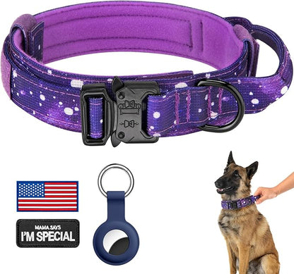 DAGANXI Tactical Dog Collar, Adjustable Military Training Nylon Dog Collar with Control Handle and Heavy Metal Buckle for Medium and Large Dogs, with Patches and Airtags Case (S, Purple Sky)