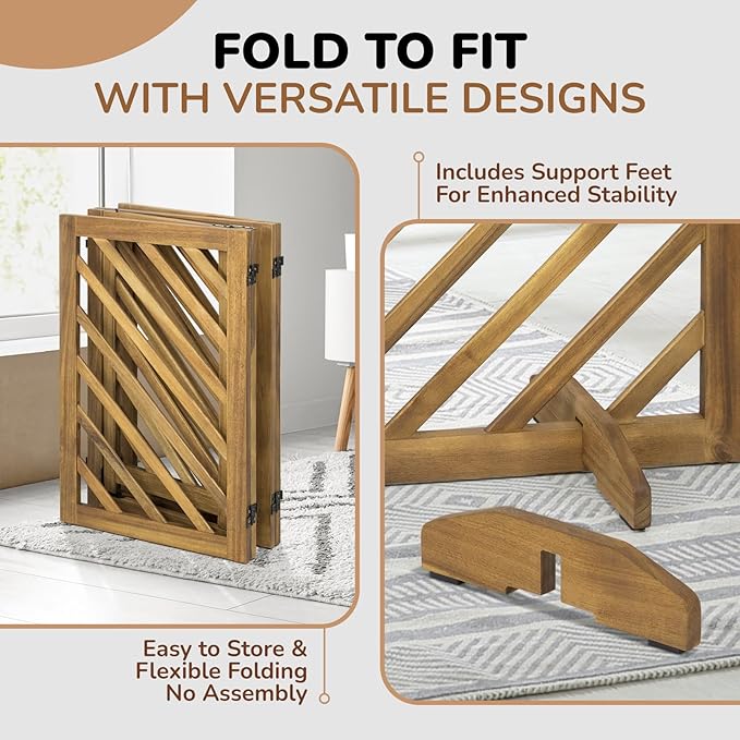 dCee Solid Acacia Wood Dog Gate, Freestanding Walk-Through Pet Gate, 81" 4-Panel Foldable Wooden Dog Gates with Door & 2 Support Legs for Doorways, Kitchen, Hall, Stairs, Indoor & Outdoor