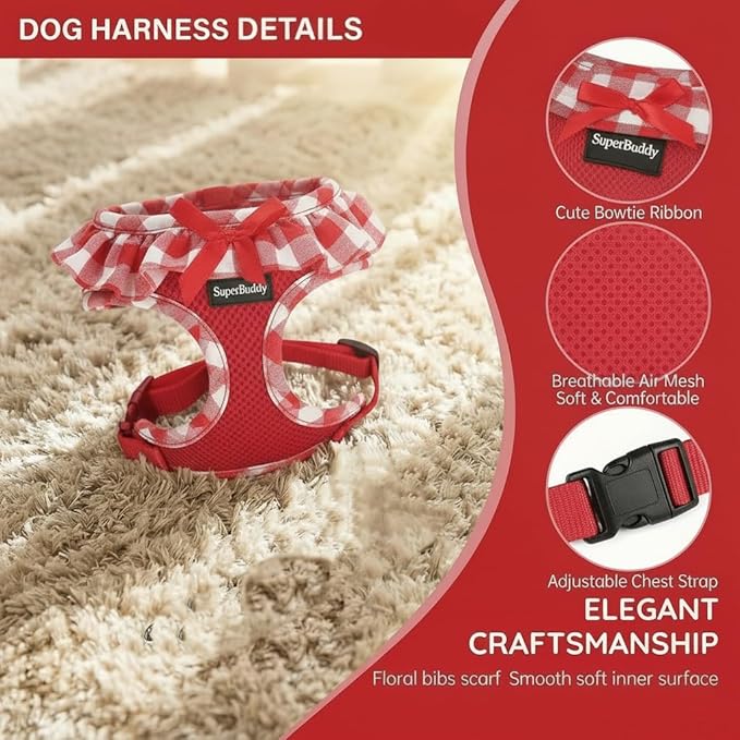 SuperBuddy Upgraded Soft Mesh Dog Harness, Super Breathable Lightweight Pet Harnesses for Puppy Dogs Outdoor Walking, Red Dog Harness -Small
