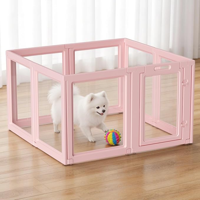 DIY Clear Acrylic Dog Playpen House,Quick Easy Assembly and Disassembly,Strong Floor Suction,Indoor and Outdoor Use,Easy Cleansing Puppy Fence (Skin Pink, 23.6" H, 8PCS)