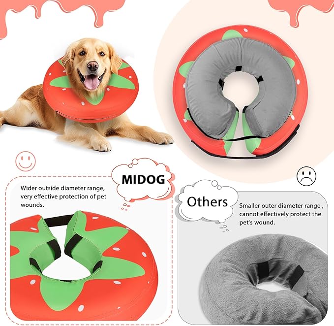 MIDOG Soft Inflatable Dog Cone,Donut E-Collar Alternative for After Surgery, Prevents Licking,Allowing Normal Eating & Vision,Comfortable Recovery Collar for Small Medium Large Dogs&Cats,Strawberry-L+