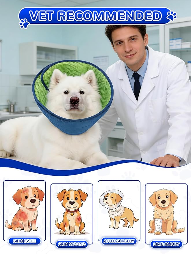 Dog Cone Collar Alternative,Comfortable Cones for Medium Large Dogs to Stop Licking After Surgery,Adjustable Comfy Cones, Comfortable Fabric Elizabethan Collars (Green Blue, XL)