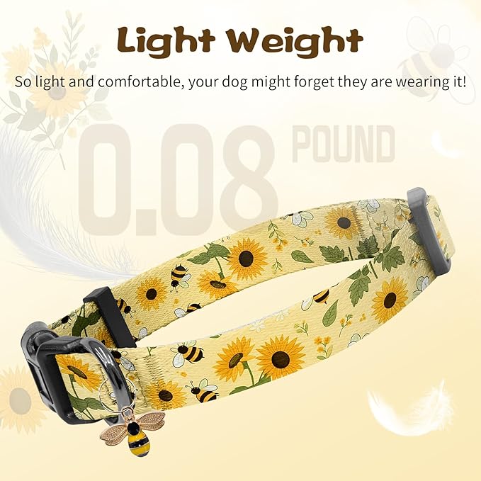 Kazazoo Dog Collar Cute and Soft Nylon Puppy Collar for Boy and Girl, Adjustable Dog Collars for Small Medium Dogs, Bees and Sunflowers-XS