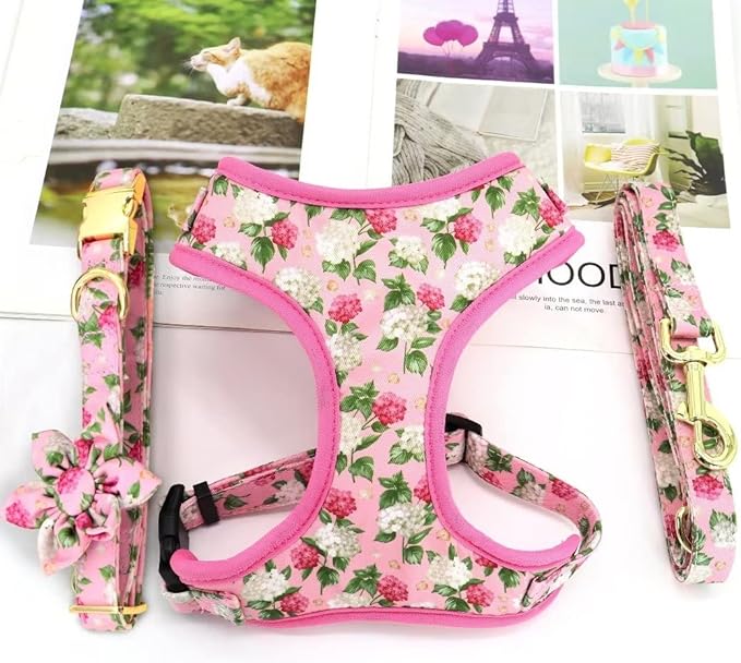 Beirui Cute Girl Dog Collars, Harnesses & Leashes Set - Adjustable Dog Collar and Leash Set with Flower - Soft Mesh Dog Vest Harness for Puppies Small Medium Dogs (Pink,XS)