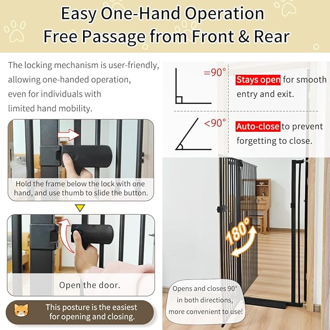 Lumizone Extra Tall Cat Gate 61.02" High Pressure Mounted Extra Wide 2025 New (17 Sizes) 1.37" Gap No Drilling Auto-Close One-Handed Operation Tall Pet Gate for Dogs(Black, 61.02" H x 26.18"-29.91" W)