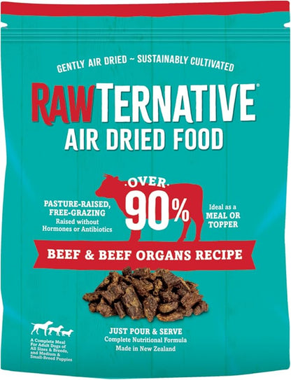 RawTernative Air Dried Dog Food, High Protein, Over 90% Real Beef & Beef Organs + New Zealand Green Mussels, Complete Meal or Topper, Grain Free, Gluten Free, Non GMO, (3 lb Bag)