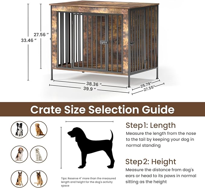 Dog Crate Furniture Heavy Duty for Large Dog, Sturdy Indoor Kennel Table with Dual Doors, Elevated Robot Vacuum Friendly Base, Decorative Cage TV Stand & End Table, Rustic Brown