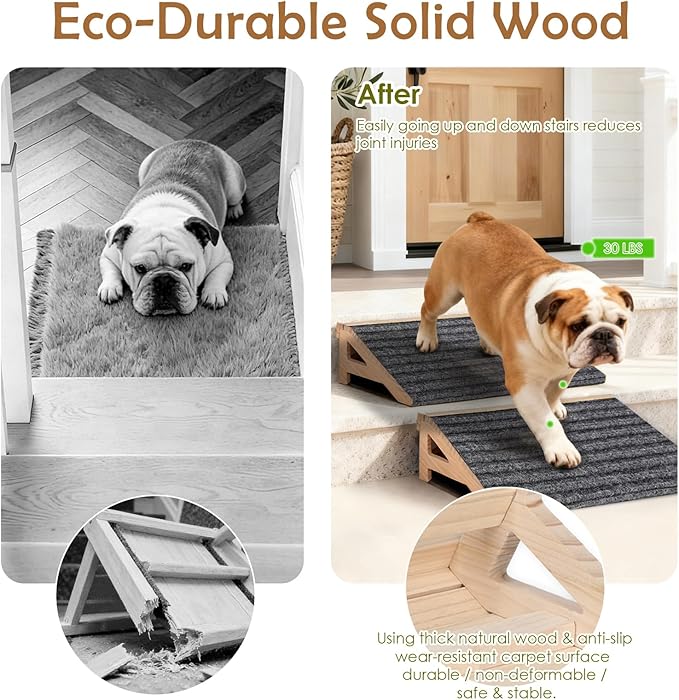 2-Pack Dog Ramp Stairs for Pets ups to 170lbs, Durable Anti-Slip Carpet Surface, Wooden Low-Angled Pet Ramp Assist for Injured & Aged Pets, Stairs Ramp for Small Dogs, No Assembly（Natural Solid Wood）