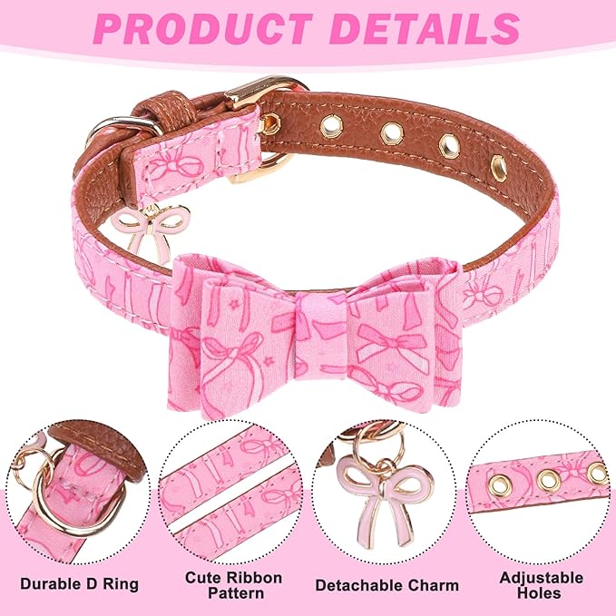 EXPAWLORER Dog Collar and Leash Set - Pink Bowknot Dog Bow Tie and Dog Bandana Collar with Bell, Dog Leash Tangle Free, Adjustable Collars for Small Medium Large Dogs Cats, Holiday Ideal Gift, S