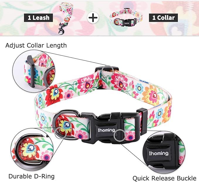 Ihoming Dog Collar and Leash Set for Daily Outdoor Walking Running Training, White Colorful Flowers Design for Large Boys Girls Dogs Cats Pets, L-Up to 80LBS