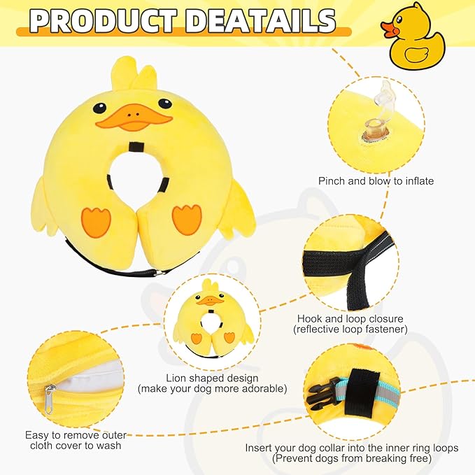 KOOLTAIL Inflatable Dog Cone Collar, Soft Donut E Collar for Dogs After Surgery to Stop Licking Enhanced Alternative, Blow Up Pet Neck Pillow Recovery Adjustable Cone for Dog Cat, Upgrade Size, Duck M