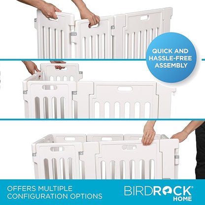BIRDROCK HOME Dog Playpen w/Door, 8 Panel, 25.6in H | Strong Plastic, Non-Slip Puppy Playpen, Secure Pet Gate | Indoor Outdoor Fence | Configurable Panels | Small Pets - White