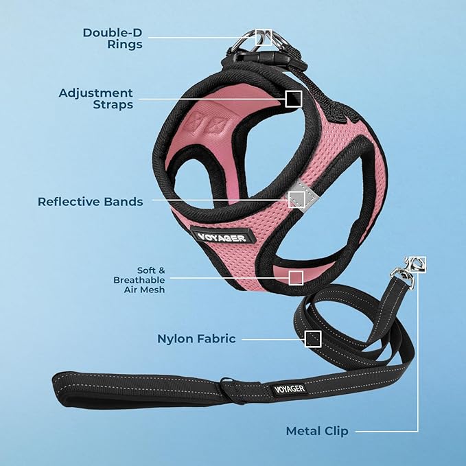 Best Pet Supplies Voyager Step-in Air All Weather Mesh Harness and Reflective Dog 5ft Leash Combo with Neoprene Handle, for Small, Medium and Large Breed Puppies - Set (Pink Base), X-Large