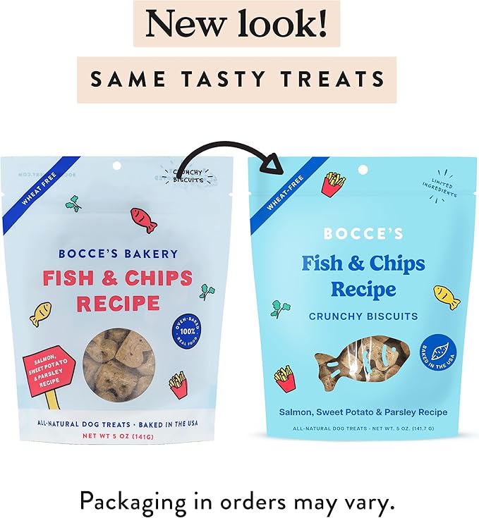 Bocce's Bakery Fish & Chips Treats for Dogs - Special Edition Wheat-Free Dog Treats, Made with Real Ingredients, Baked in The USA, All-Natural Salmon & Sweet Potato Biscuits, 5 oz