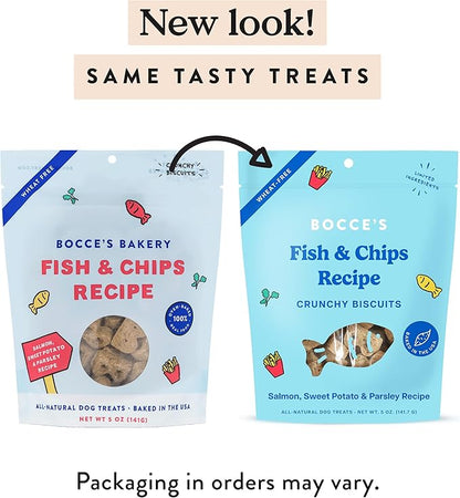 Bocce's Bakery Fish & Chips Treats for Dogs - Special Edition Wheat-Free Dog Treats, Made with Real Ingredients, Baked in The USA, All-Natural Salmon & Sweet Potato Biscuits, 5 oz