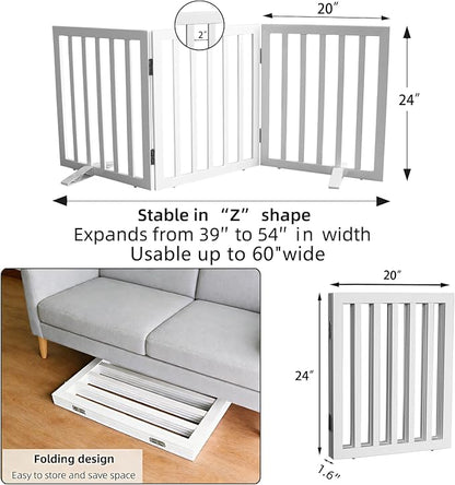 ZJSF Freestanding Indoor Dog Gate for House Foldable Wood White Puppy Gate for Doorways Pet Gate for Stairs Extra Wide Pet Fence 24" Height 3 Panels