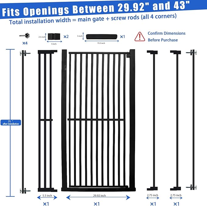 SHYUJAJIE 71 Inch Extra Tall Pet Gate for Cats, 29.5-43" Adjustable Wide Dog Gates, Pressure Mounted Walk Through Tall Cat Gate for Doorways,Hallway,Stairs,House（Black）