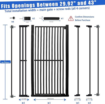 SHYUJAJIE 71 Inch Extra Tall Pet Gate for Cats, 29.5-43" Adjustable Wide Dog Gates, Pressure Mounted Walk Through Tall Cat Gate for Doorways,Hallway,Stairs,House（Black）