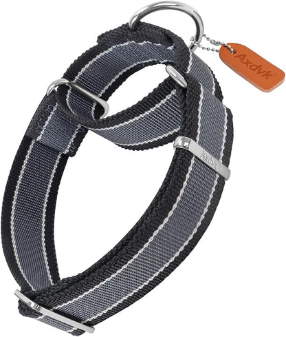 Martingale Collar 1.5 Inch Wide 1600D Extra Strong Anti Escape Nylon Dog Collar, No Pull Heavy Duty Pet Collars with 3-Color Stripe for Medium to Large Dogs (L, Gray Blue & Black)