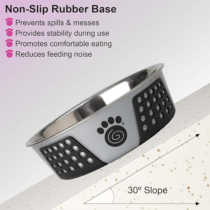 PetRageous 13099 Fiji Stainless Steel Non-Slip Dishwasher-Safe Dog Bowl 6.5-Cup Capacity 8.5-inch Diameter 2.75-inch Tall for Large and Extra Large Dogs, Light Grey and Black