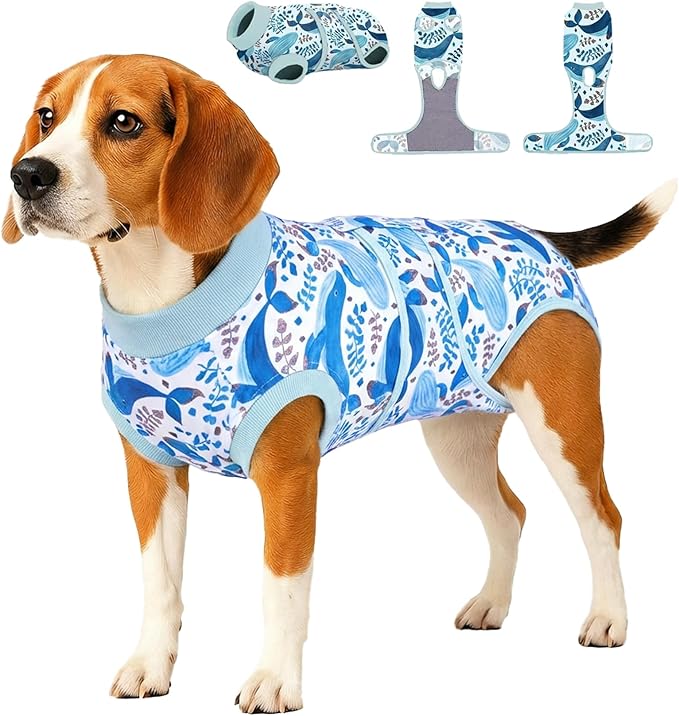 PetWarm Male Dog Recovery Suit for After Neuter Surgery, Cone of Shame Alternatives, Pet Surgical Recovery Pajamas Dog Onesie for Spay Neuter, Marine Animal Patterns, Blue, L