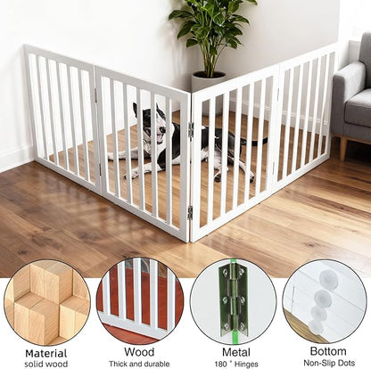ZJSF Freestanding Indoor Dog Gate for House Foldable Wood White Puppy Gate for Doorways Pet Gate for Stairs Extra Wide Pet Fence 24" Height 4 Panels