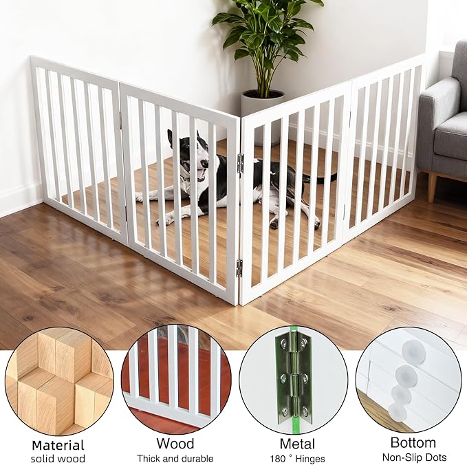 ZJSF Freestanding Indoor Dog Gate for House Foldable Wood White Puppy Gate for Doorways Pet Gate for Stairs Extra Wide Pet Fence 32" Height 4 Panels