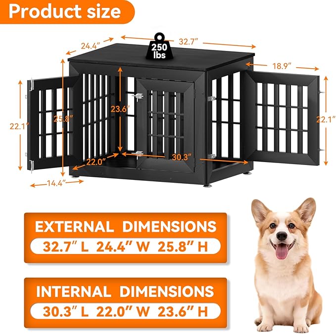 Snuowu 32" Heavy Duty Dog Crate Furniture for Small,Medium and Large Dogs,Rustic Wooden Dog Cage Kennel Indoor Furniture with Waterproof Top,Decorative Pet House Side End Table (Black)
