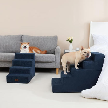 EHEYCIGA Dog Stairs for Bed 25" H, 5-Step Extra Wide Dog Steps for High Bed, Pet Steps for Small Dogs and Cats, Non-Slip Balanced Pet Ramp Indoor, Navy Blue
