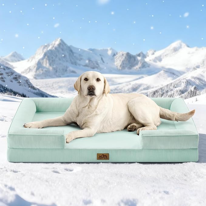 Cooling Dog Bed for Extra Large Dogs 44x32 inch, Q-Max >0.4 Summer Cool Orthopedic Foam Pet Sofa Bed with Sides, XL Size Bolster Anti-Slip Couch with Washable Removable Cover, Green