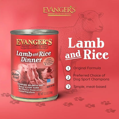 Evanger's Heritage Classic Lamb & Rice Dinner Dog Food – 12 Count, 12.5 oz Each – Gluten & Grain Free, Complete Balanced Diet for All Life Stages – Wet Dog Food