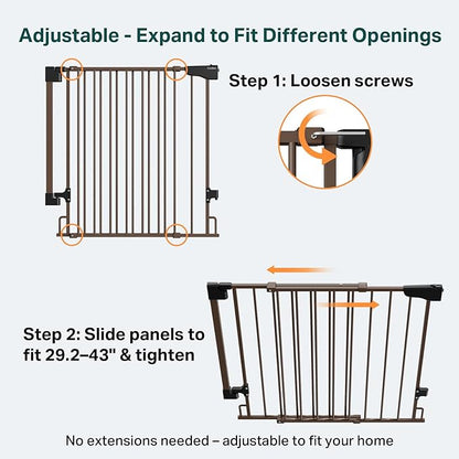 Cumbor 29.2–43" Baby Gate for Stairs, Wall-Mounted (Drill Required), Expandable No Bottom Bar Dog Gate, Auto Close Extra Wide Walk Thru, Pet & Toddler Proof Gate, Top & Bottom of Stairways (Brown)