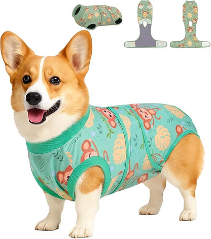 PetWarm Dog Onesie for Surgery Female, Recovery Suit for Dogs After Surgery, Dog Recovery Collars and Cones Alternative, Abdominal Wounds Bandages, Onesies for Dogs, Monkey Pattern, Green, L