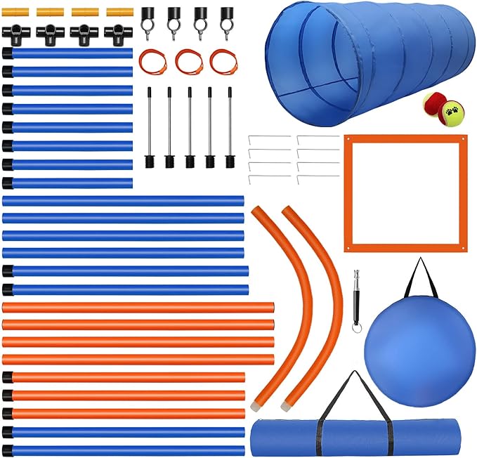 Dog Agility Training Equipment, 60-piece Dog Obstacle Course Training Starter Kit Pet Outdoor Game with Tunnel, Agility Hurdle, Weave Poles, Jump Ring, Pause Box, Toy Balls and Storage Bag