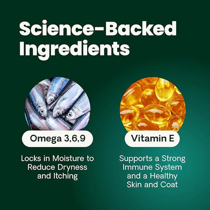 VetriScience Omega Healthy Skin and Coat Capsules, 3,6,9 Fish Oil Supplement for Dogs and Cats, Reduce Shedding, Over 750 mg Omega Fatty Acids per Capsule, Gel Caps, 90 Count