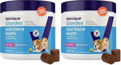 Vetnique Glandex Anal Gland Soft Chew Treats with Pumpkin for Dogs Digestive Enzymes, Probiotics Fiber Supplement for Dogs Boot The Scoot (Bacon Flavor Chews, 60 Count) (Pack of 2)