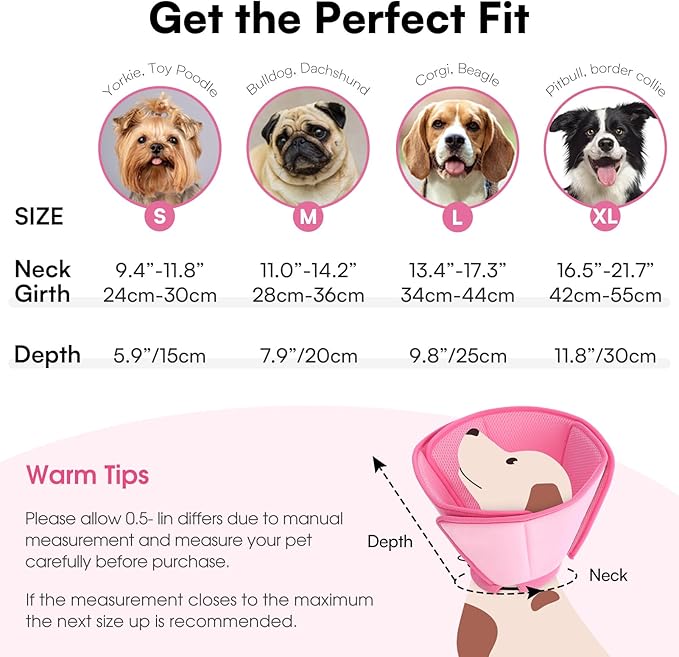 Queenmore Soft Dog Cone Collar,Comfortable Dog Cones for Medium Dogs/Cats to Stop Licking After Surgery,Comfy Cone for Dogs, Neuter Recovery Ecollars of Shame Alternatives,Pink,M