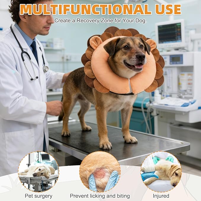 KOOLTAIL Inflatable Dog Cone Collar, Soft Donut E Collar for Dogs After Surgery to Stop Licking Enhanced Alternative, Blow Up Pet Neck Pillow Recovery Adjustable Cone for Dog Cat, Upgrade Size, Lion M