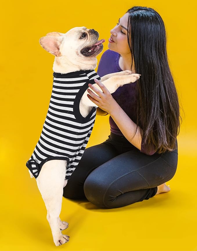 Dog Recovery Suit,Surgery Female Male Large Shirt,Spay,Neuter Recovery Clothes,Zipper Closure Cotton Striped Wounds Protect Suit,Black Striped XXL