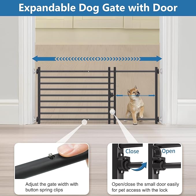 Malier Indoor Dog Gate with Door, 34-55" Extra Wide Full Metal Pet Gate Short Dog Gate for Stairs, Pressure Mount 10'' Tall Small Puppy Low Gate Easy Step Over for Doorways