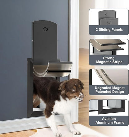 Heavy Duty Dog Door for Wall, Energy Efficient Doggie Door with Aluminum Frame, Telescoping Tunnel, Double Magnetic Flaps and Two Sliding Lock Panels, Easy to Install, Black, Medium