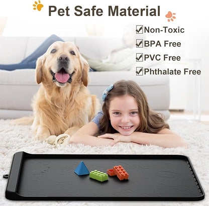 Dog Food Mat - Silicone Dog Mat for Food and Water - 28" x 20" Pet Feeding Mats with Residue Collection Pocket - Waterproof Dog Cat Bowl Mat with High Edges to Prevent Water Food Spills (Black)