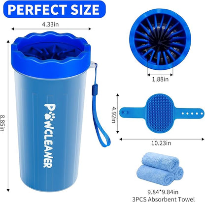Professional 7 in 1 Dog Paw Cleaner for Dogs - Includes 1 Portable Paw Washer, 1 Bath Brush, 2 Dog Toothbrushes and 3 Absorbent Towels Note: Fits Paws 2.5 to 3.5 Inches Wide (Large, Navy Blue)