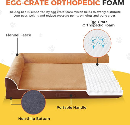 Dog Bed Large Sized Dogs, Orthopedic Dog Bed for Large Dogs, Waterproof Pet Bed with Washable Removable Cover, L-Shaped Pet Couch with Portable Handle 36"x27"x6.5", Brown