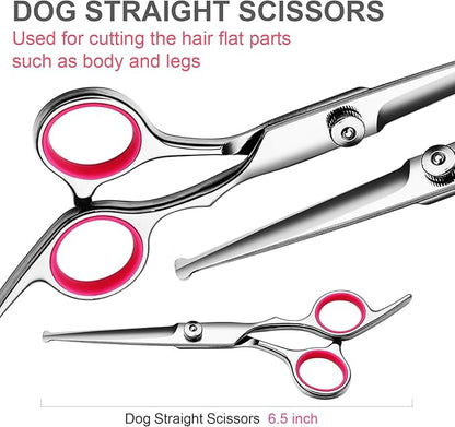 FAIGEO Professional Dog Grooming Scissors Kit, Titanium Coated Dog Scissors for Grooming, Grooming Shears Kit for Dogs Cat At Home (Pink 5 in 1)