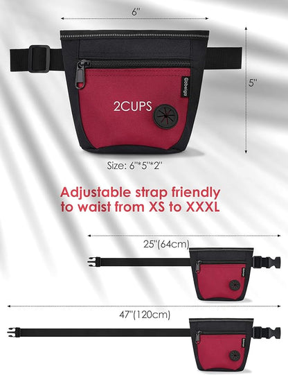 Gobeigo Dog Treat Pouch and Training Clicker, Upgrade Two Magnetic Closure to Prevent Spills, 2 Cup Treat Bag with Poop Bag Dispenser, Metal Clip Waist Belt Fanny Pack for Pet Walk (Black/Red)