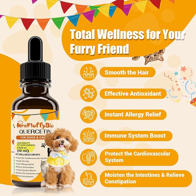 Quercetin for Dogs, Dog Quercetin Liquid Drops, Dog Quercetin Herbal Supplement Support Allergy Relief,Immune Health, Respiratory Health, Skin Health, Gluten Free, Non GMO (60 ml/2 Oz) - 2 Pack